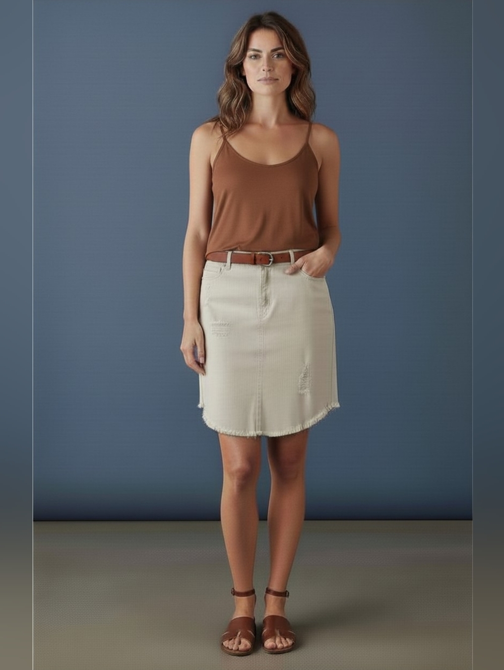 EST. 1946 Denim Skirt in Distressed Creamy White Women's Size: 14 Rounded Bottom